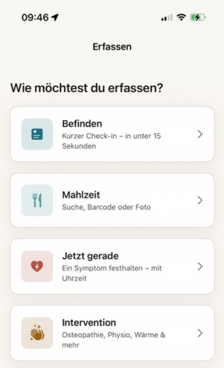 App-Screen Erfassen: Befinden, Mahlzeit, Symptom, Intervention, Medikamente