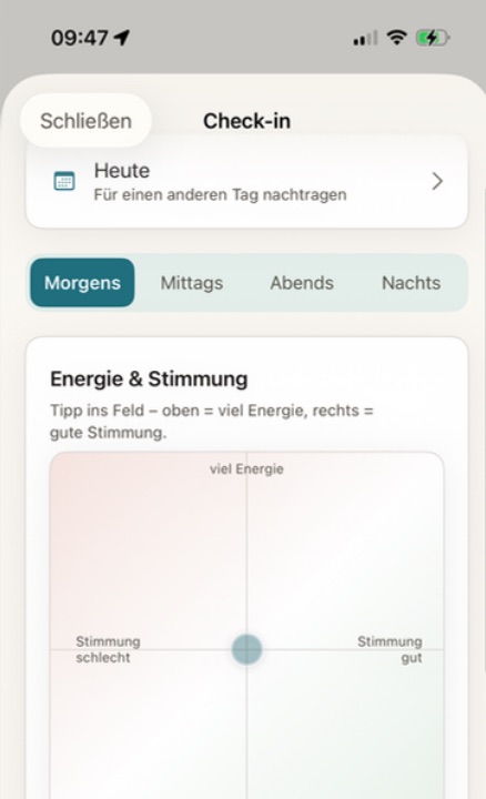 App-Screen Check-in: Energie und Stimmung per Tipp ins Feld