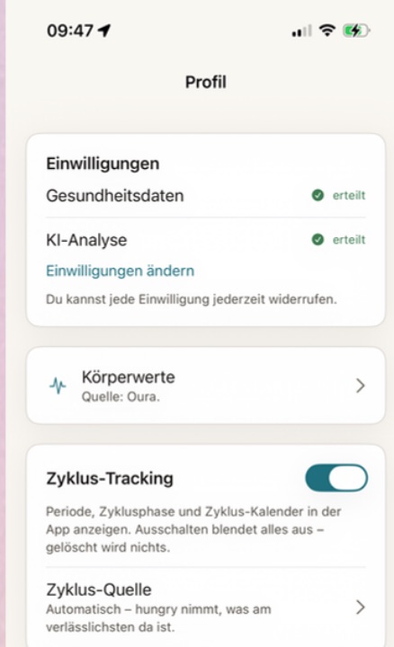 App-Screen Profil: Einwilligungen, Körperwerte aus Wearable, Zyklus-Tracking